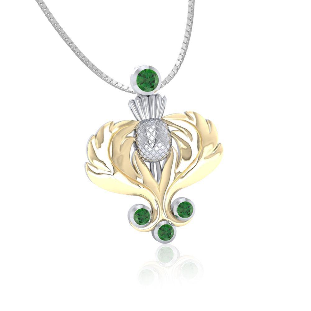 A noble elegance ~ Sterling Silver Scottish Thistle Pendant Jewelry in 18k Gold accent and Gemstones MPD682 - Jewelry