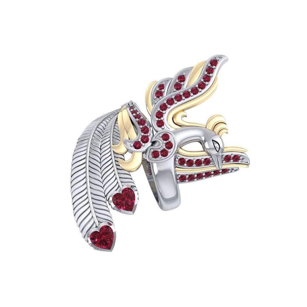Mythical Phoenix arise! ~ Sterling Silver Jewelry Ring with 14k Gold and Gemstone Accents MRI1741 - Jewelry