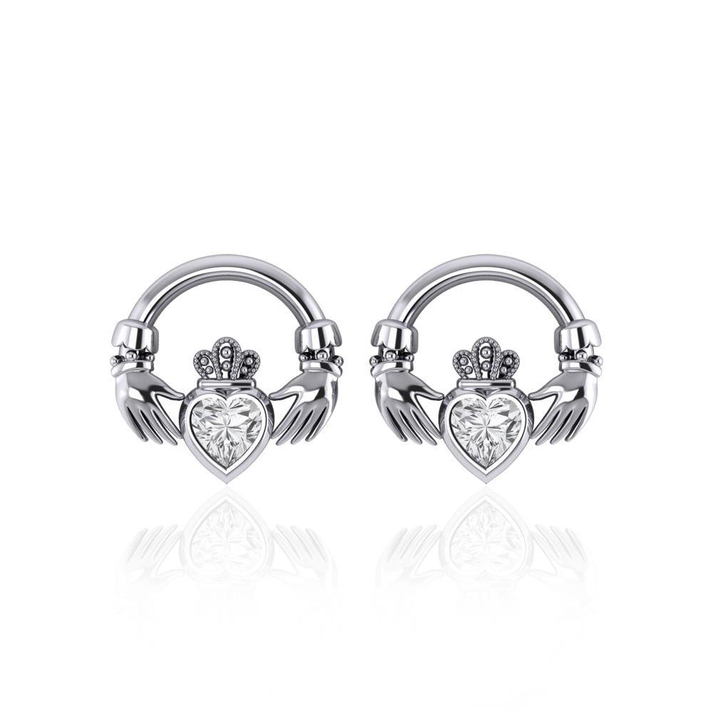 Irish Claddagh Silver Post Earrings with Gem TE277 - Jewelry