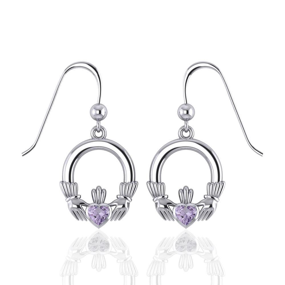 Irish Claddagh Silver Earrings with Gem TE853 - Jewelry