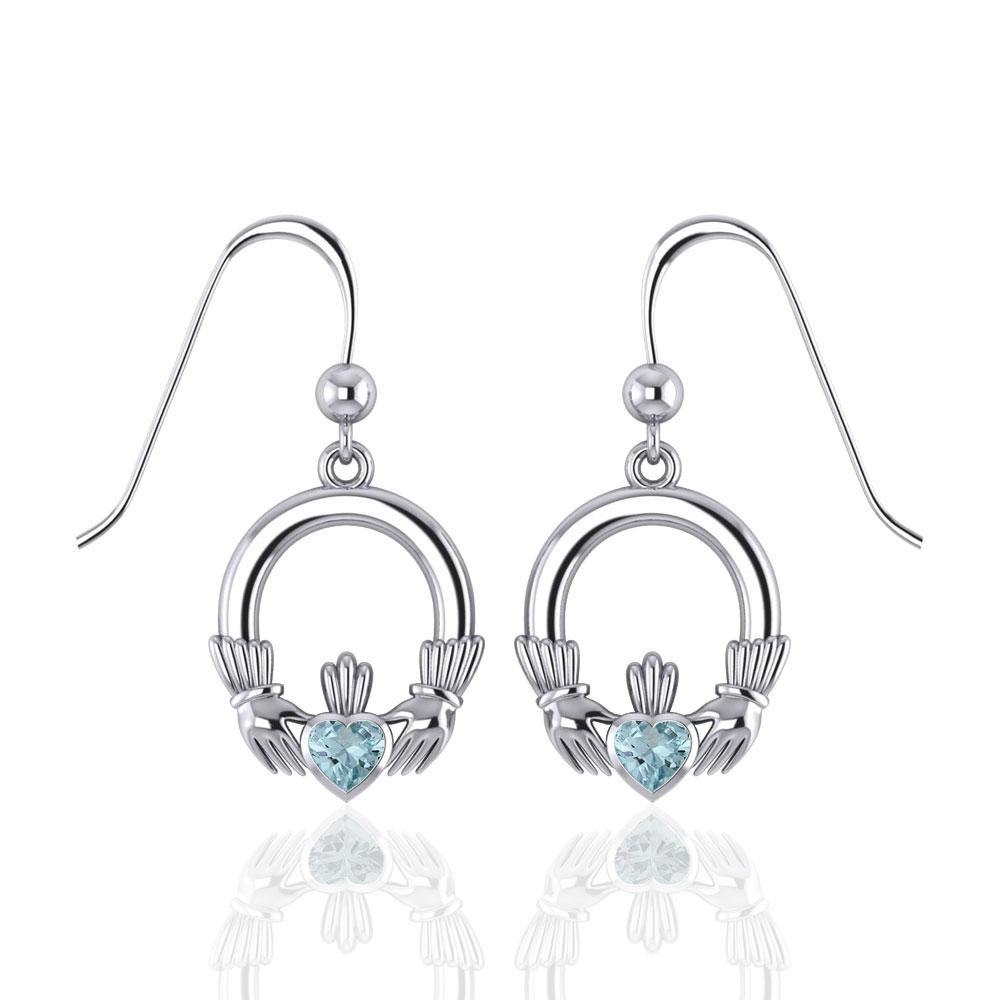 Irish Claddagh Silver Earrings with Gem TE853 - Jewelry