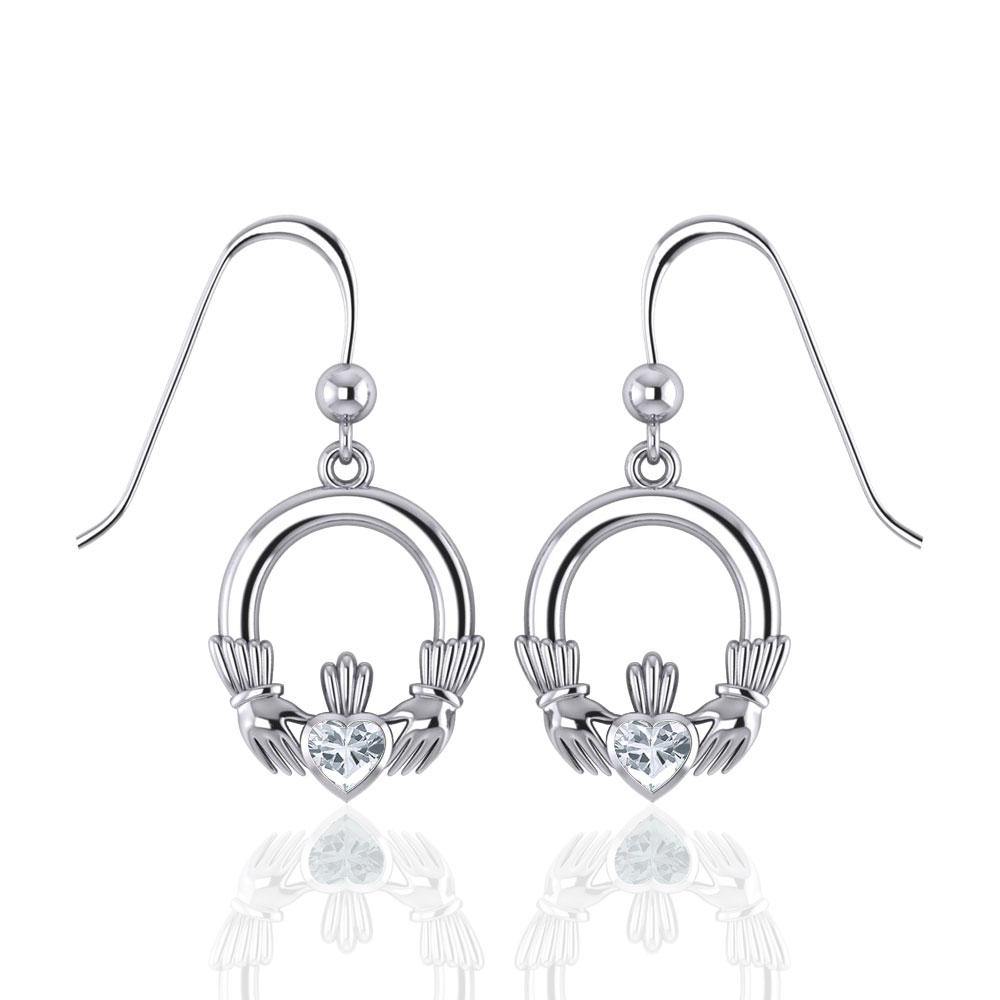 Irish Claddagh Silver Earrings with Gem TE853 - Jewelry
