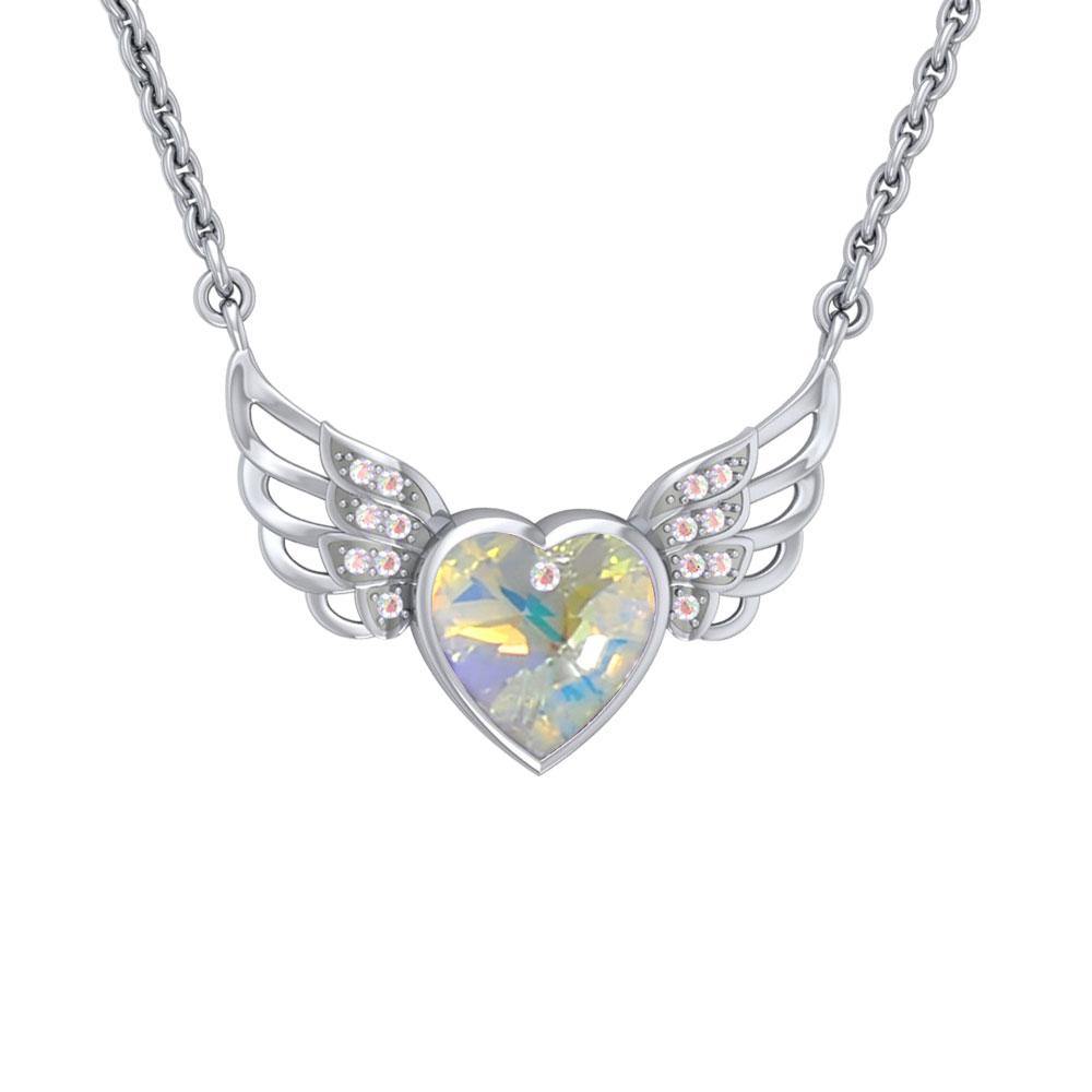 Crystal Heart with Angel Wings 18” Necklace with White Aurore Boreale Crystal Wing TNC453 - Jewelry