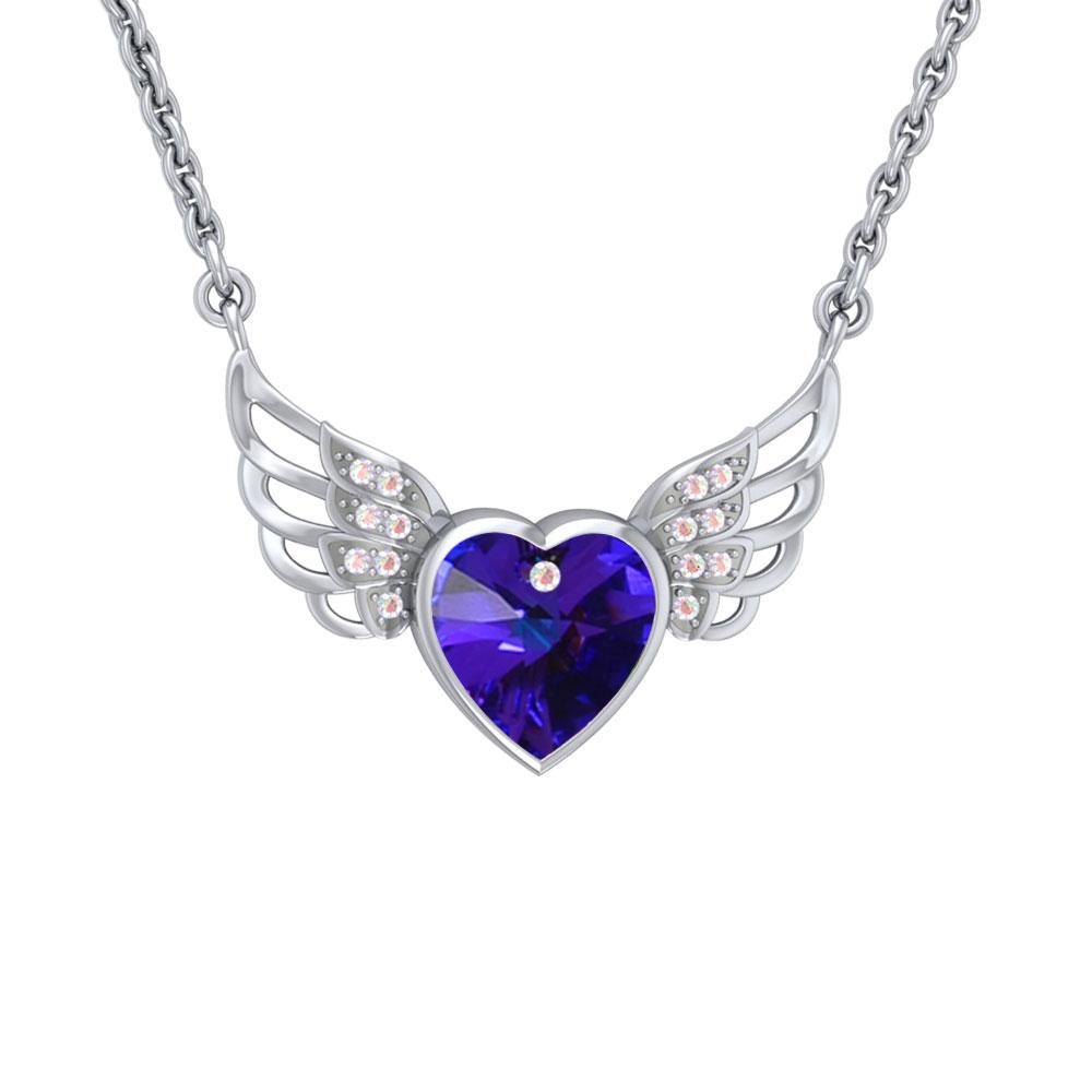 Crystal Heart with Angel Wings 18” Necklace with White Aurore Boreale Crystal Wing TNC453 - Jewelry