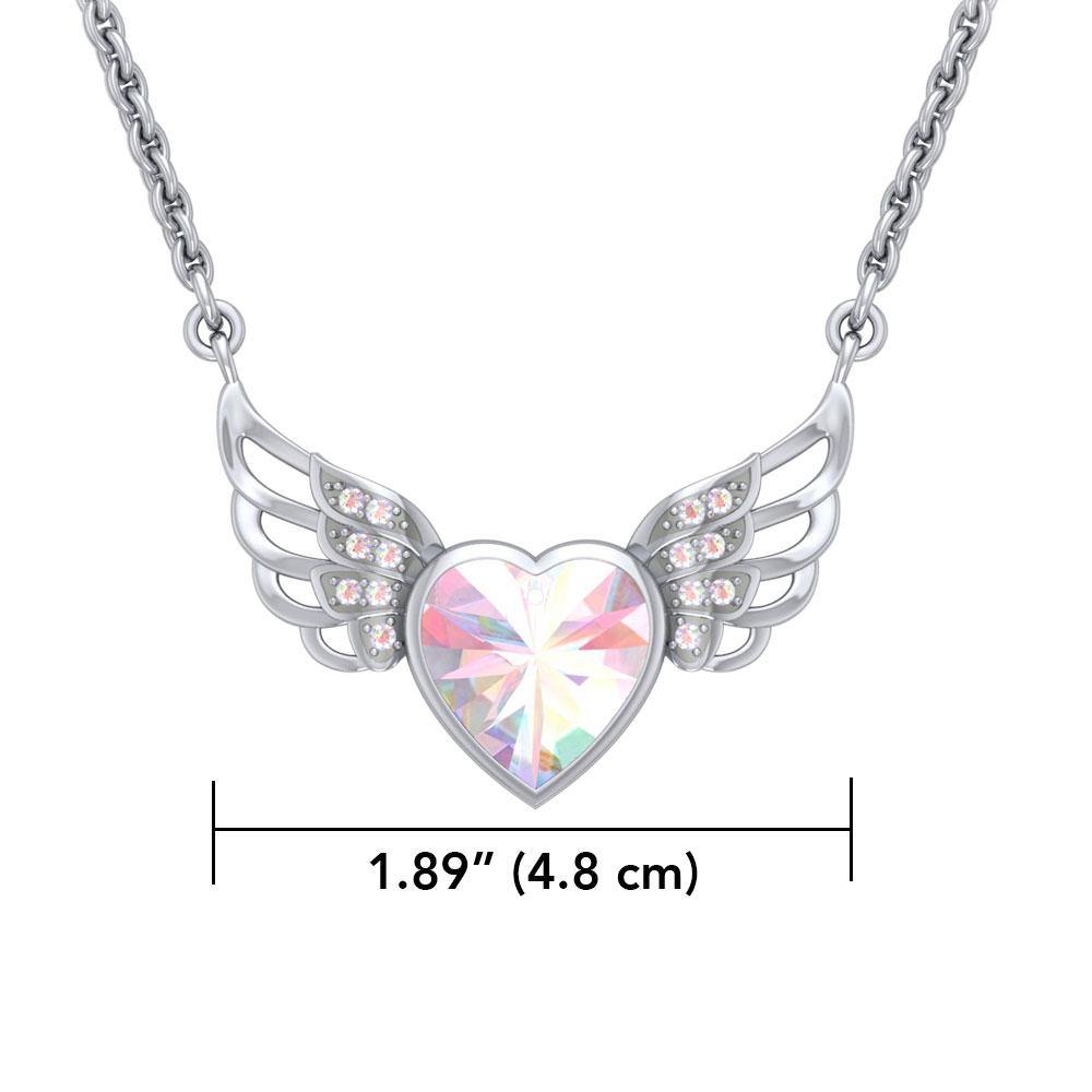 Crystal Heart with Angel Wings 18” Necklace with White Aurore Boreale Crystal Wing TNC453 - Jewelry