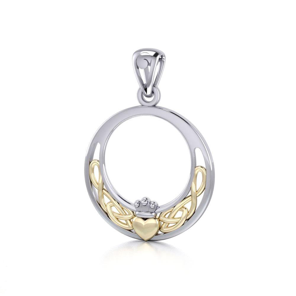 Celtic Claddagh & Celtic Knotwork Silver and 14K Gold accent Pendant TPV1442 - Jewelry