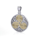 Celtic Three Single Spirals Triquetra Sterling Silver and 14K Gold accent Pendant TPV346