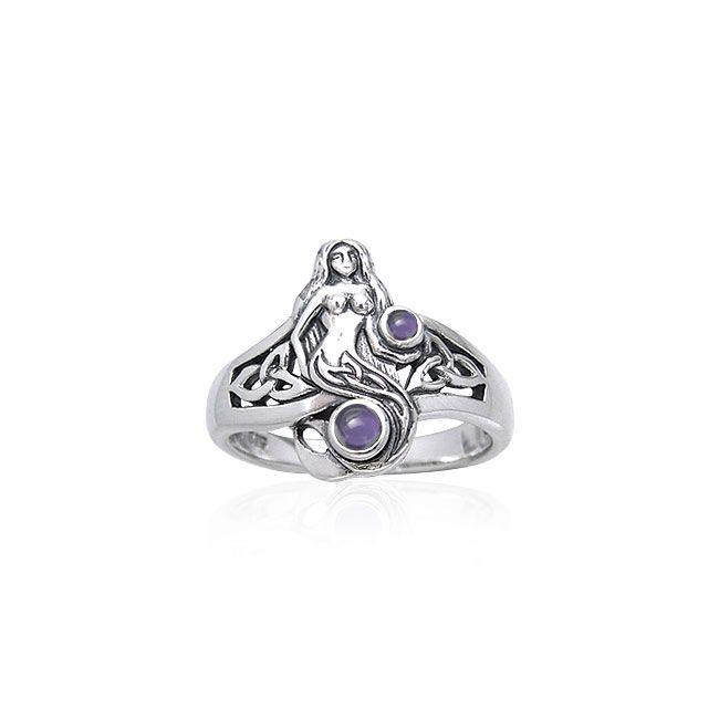 Celtic Mermaid Silver Ring With Gemstone TRI045 - Jewelry
