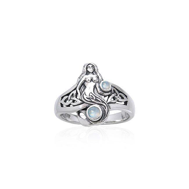 Celtic Mermaid Silver Ring With Gemstone TRI045 - Jewelry