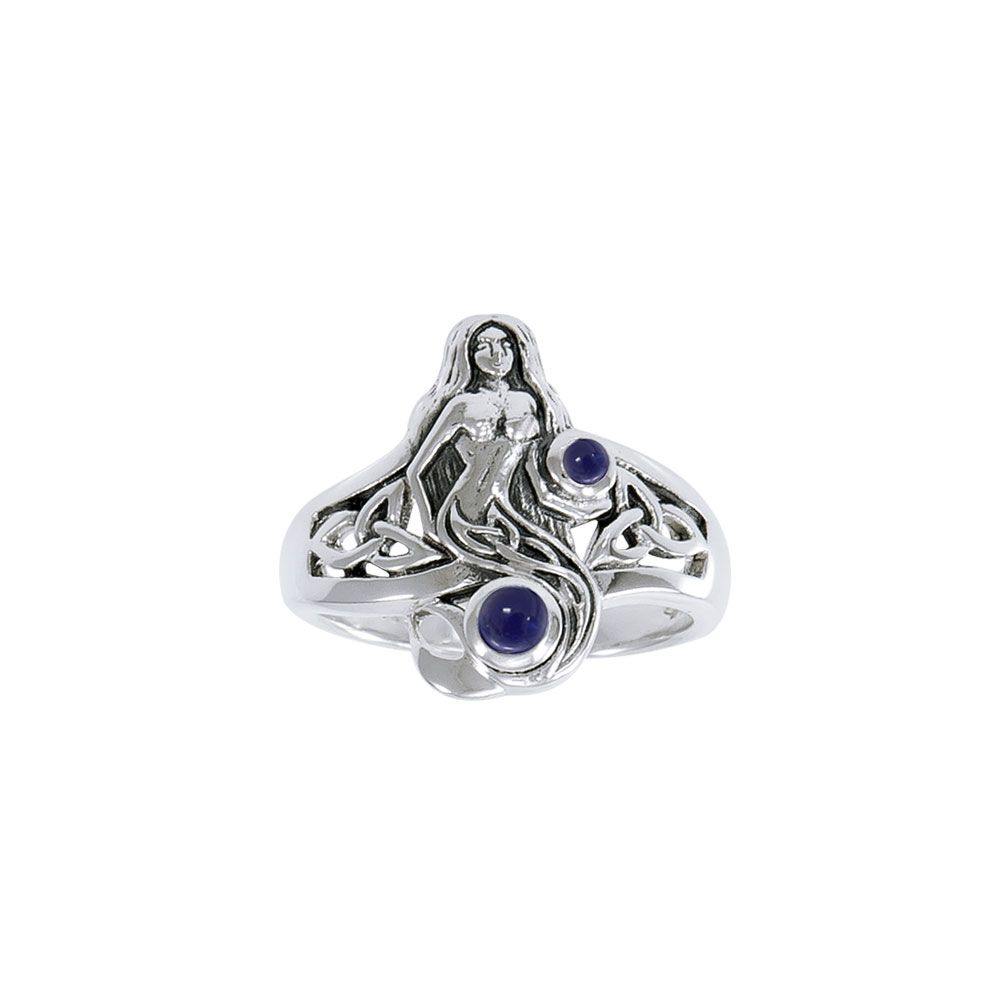 Celtic Mermaid Silver Ring With Gemstone TRI045 - Jewelry