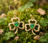 Solid Yellow Gold Shamrock Earrings with Heart Gemstone GER1835 by GER1835