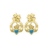 Lucky Four Leaf Clover on Claddagh Solid Yellow Gold Post Earrings with stone GER1849 - Jewelry