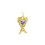 Heart Gemstone and Double Angel Wings Yellow Gold Pendant GPD5229 - Jewelry