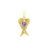 Heart Gemstone and Double Angel Wings Yellow Gold Pendant GPD5229