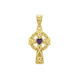 Celtic Cross Yellow Gold Pendant with Heart Gemstone GPD5337