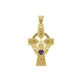 Celtic Cross and Irish Claddagh Yellow Gold Pendant with Heart Gemstone GPD5340 - Jewelry