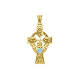 Celtic Cross and Irish Claddagh Yellow Gold Pendant with Heart Gemstone GPD5340