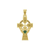 Celtic Cross and Irish Claddagh Yellow Gold Pendant with Heart Gemstone GPD5340 - Jewelry