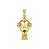 Celtic Cross and Irish Claddagh Yellow Gold Pendant with Heart Gemstone GPD5340