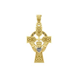 Celtic Cross and Irish Claddagh Yellow Gold Pendant with Heart Gemstone GPD5340