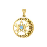 Triple Goddess and Celtic Crescent Moon Solid Yellow Gold Pendant with Gemstone GPD5972