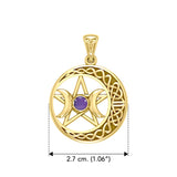 Triple Goddess and Celtic Crescent Moon Solid Yellow Gold Pendant with Gemstone GPD5972