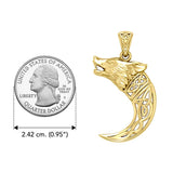 Wolf with Celtic Viking Norse Horn Solid Yellow Gold Pendant GPD5979