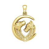 Double Celtic Wolves with Crescent Moon Solid Gold Pendant GPD6042