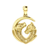 Double Celtic Wolves with Crescent Moon Solid Gold Pendant GPD6042