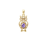 Filigree Owl Solid Gold Pendant with Gemstone