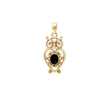 Filigree Owl Solid Gold Pendant with Gemstone