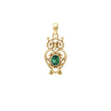 Filigree Owl Solid Gold Pendant with Gemstone