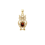 Filigree Owl Solid Gold Pendant with Gemstone