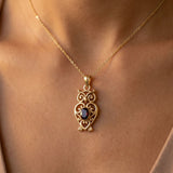 Filigree Owl Solid Gold Pendant with Gemstone