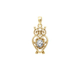 Filigree Owl Solid Gold Pendant with Gemstone