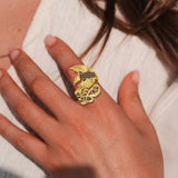 Honor The Flying Phoenix Solid Yellow Gold Jewelry Ring with Gemstone GRI1744