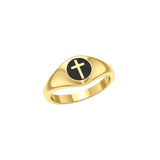 Spiritual Elegance Solid Yellow Gold Faith Cross Women Ring with Black Accent