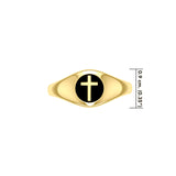 Spiritual Elegance Solid Yellow Gold Faith Cross Women Ring with Black Accent