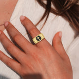 Spiritual Elegance Solid Yellow Gold Faith Cross Men Band Ring with Black GRI2475