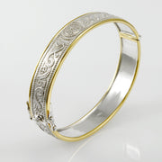 Small Sterling Silver and 14K Gold Accent Border Celtic Bangle with open lock MBA211