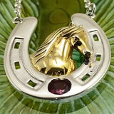 Friesian Horse in Horseshoe Silver and 22K Gold Plate Necklace MNC124