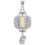 The Reiki Japanese Lantern and Dai Ko Myo Symbol Silver and Gold Accent Pendant with Gemstone MPD4927