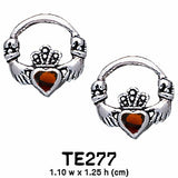 Irish Claddagh Sterling Silver Post Earrings with Gem TE277