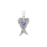 Heart Gemstone and Double Angel Wings Silver Pendant TPD5229