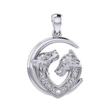 Double Celtic Wolves with Crescent Moon Silver Pendant TPD6042