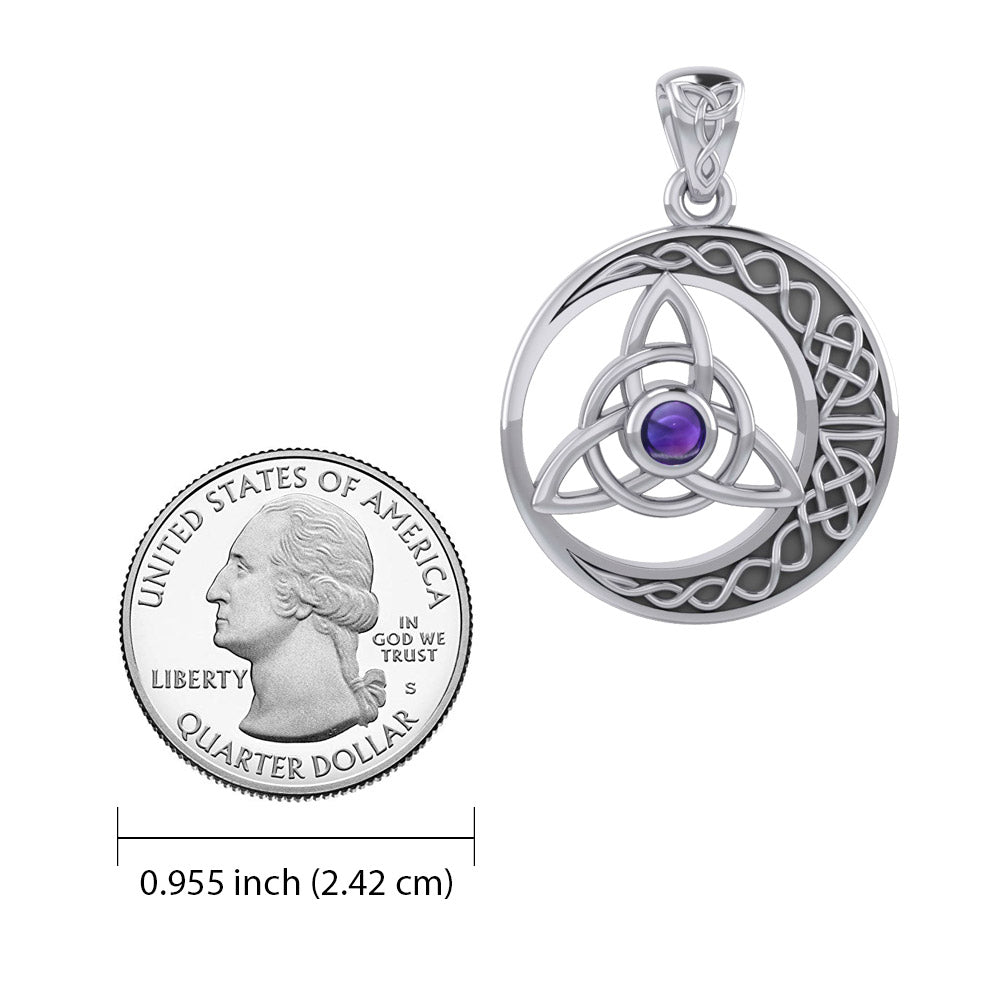 The Celtic Knot Moon and Triquetra Silver Pendant with Stone