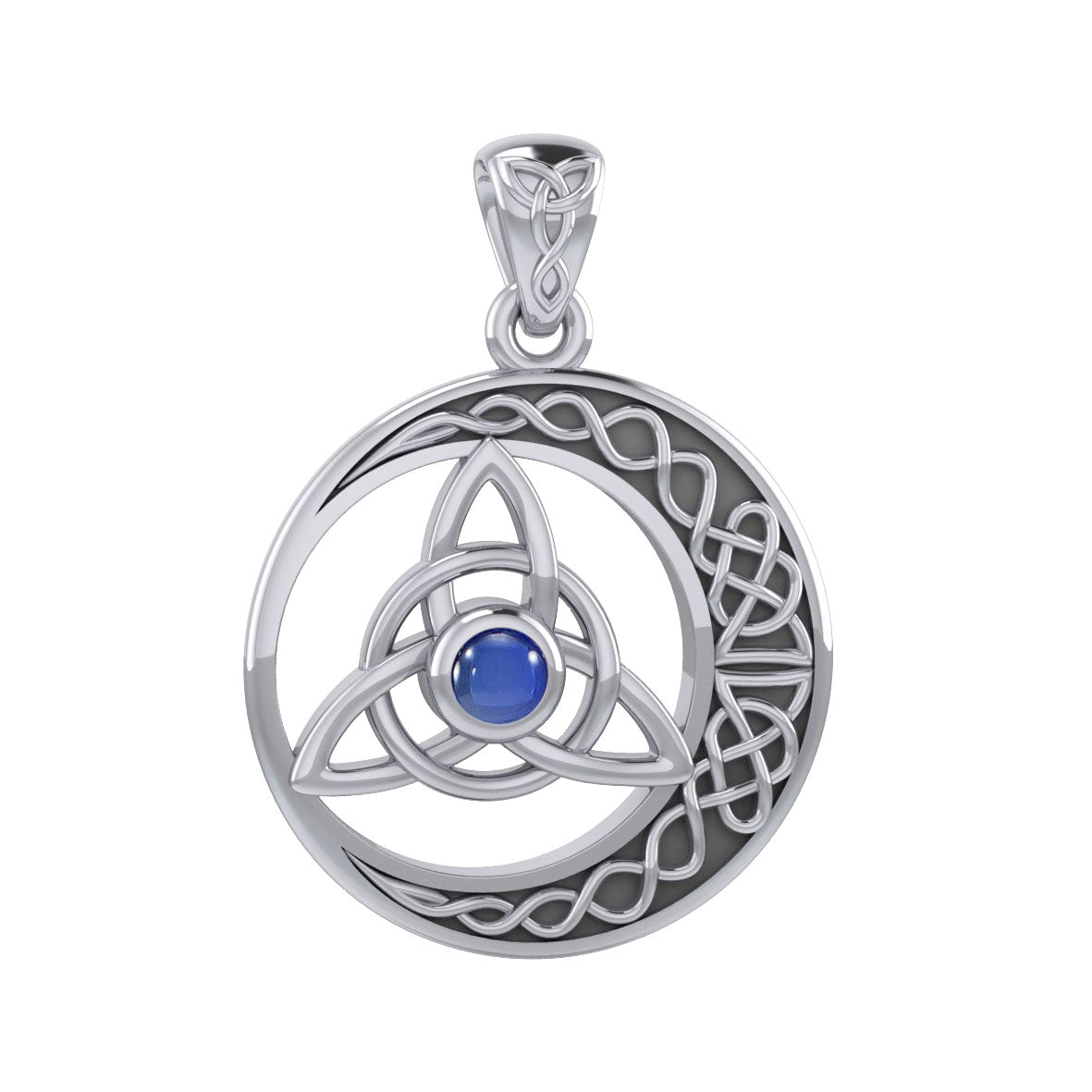 The Celtic Knot Moon and Triquetra Silver Pendant with Stone TPD6052 -  Created Sapphire