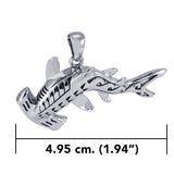 Hammerhead Shark with Wave Designs Engrave into Body Silver Pendant TPD6103 - Jewelry