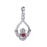 Claddagh with Heart Gemstone and Crescent Moon at the bottom Silver Pendant TPD6124