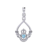 Claddagh with Heart Gemstone and Crescent Moon at the bottom Silver Pendant TPD6124